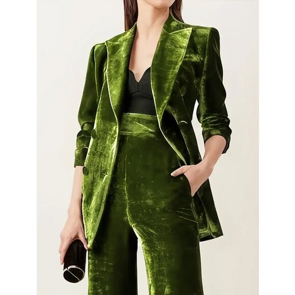 Jackets & Blazers - Green Velvet Blazer Jacket And Hi Waist Wide Leg Pants - 2pc set